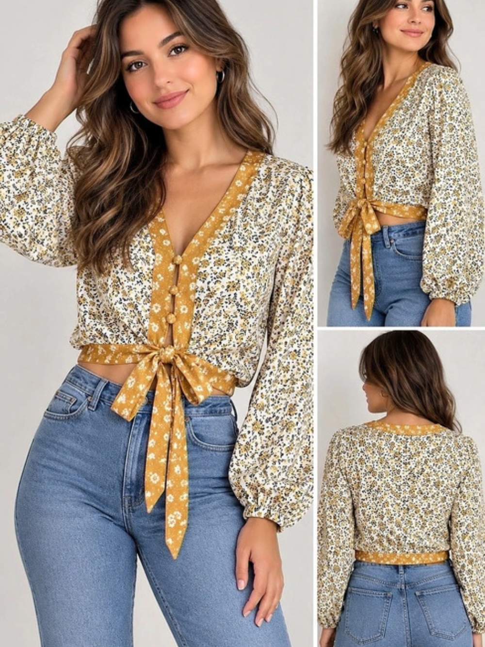 TOPSHOP Floral Tie Front Cropped Blouse Puff Sleeve Boho